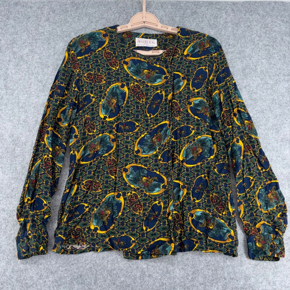 VTG Sophisticates by Pendleton Petite Rayon Blouse Equestrian Chain Print Sz 10
